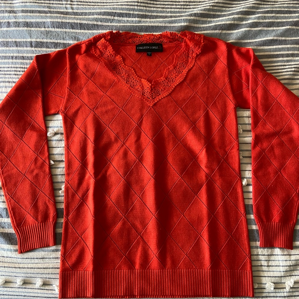 NEW! Colleen Lopez Orange Sweater With Lace Trim